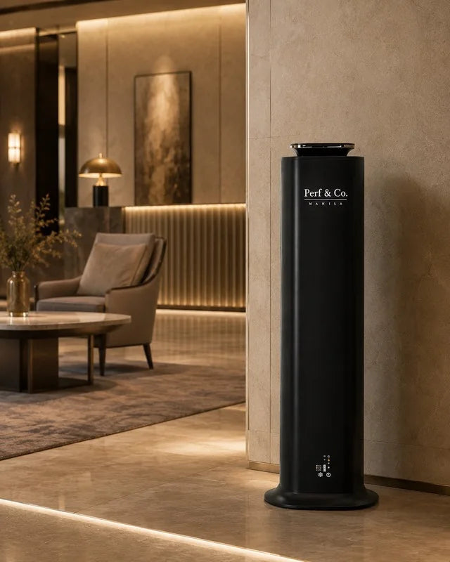 Airnote scenting machine in a warmly lit lounge with neutral stone walls