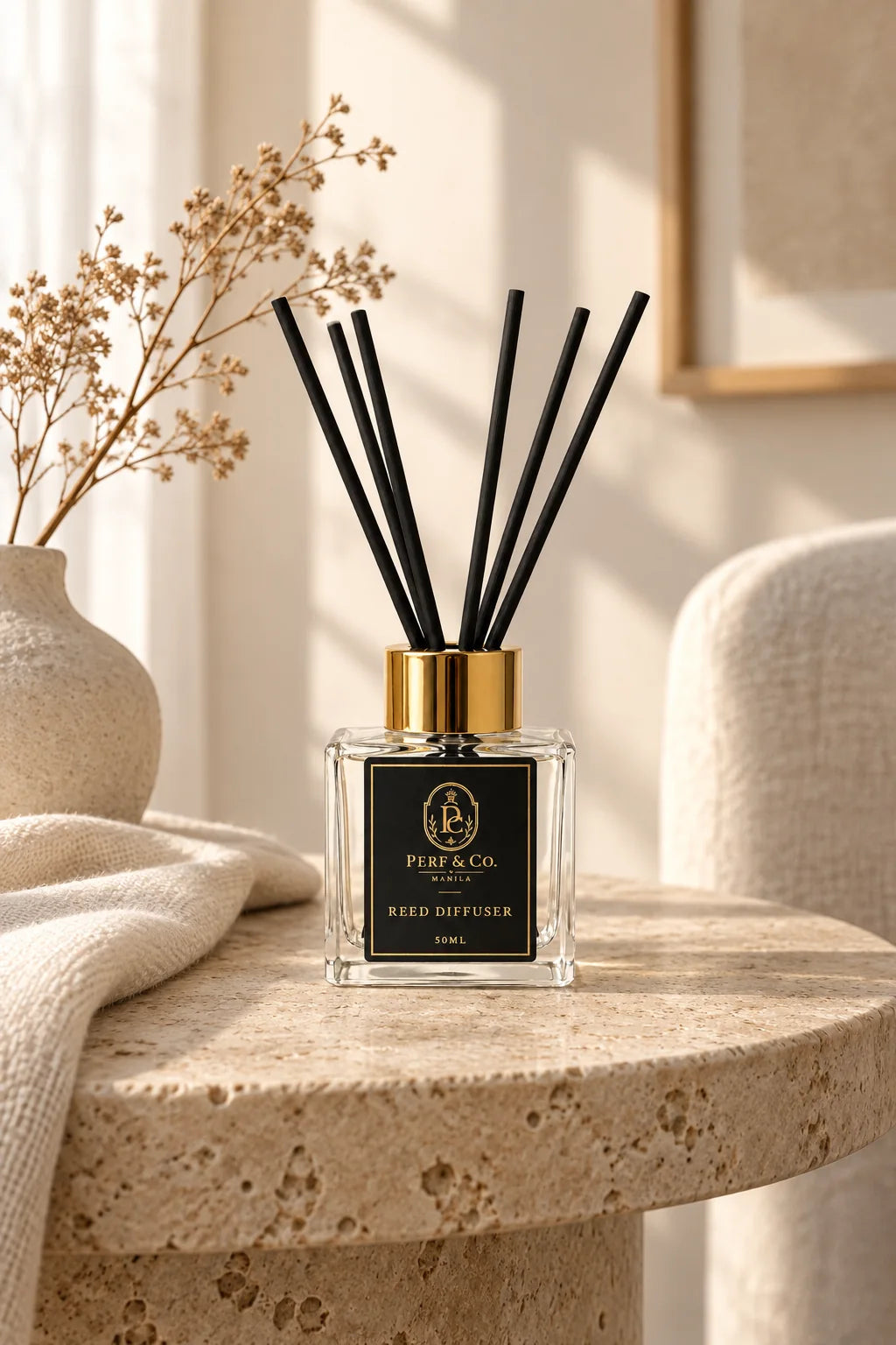Perf & Co. Manila reed diffuser on a travertine table in warm morning light