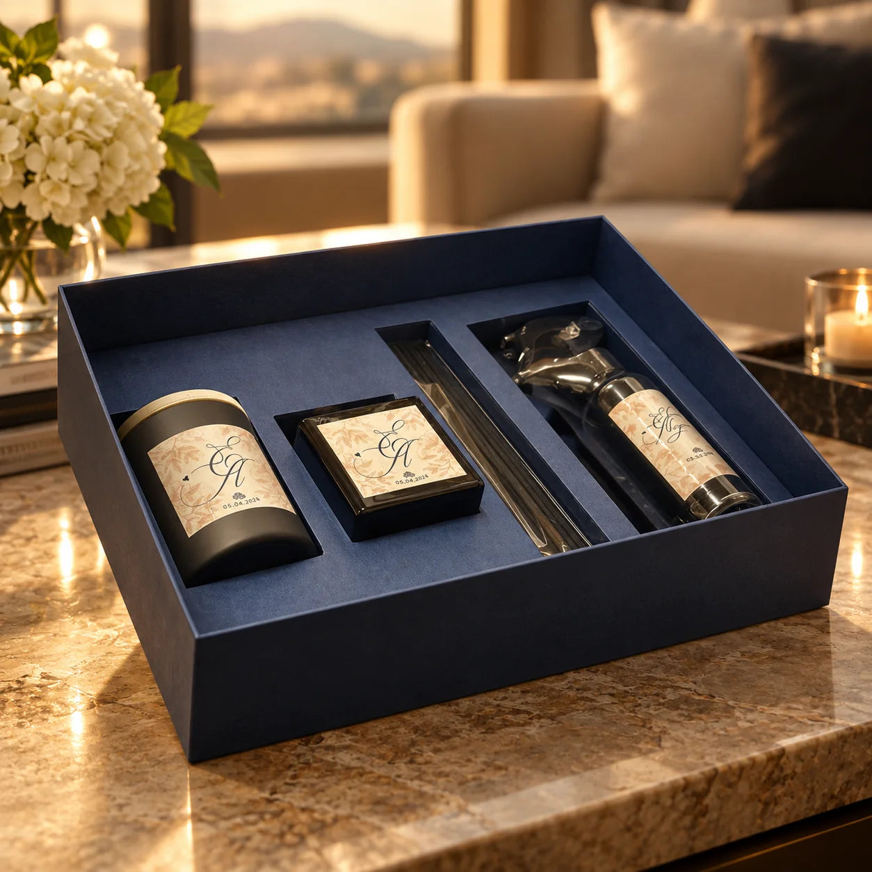 Perf & Co. Manila fragrances in a navy gift box on a warmly lit stone table